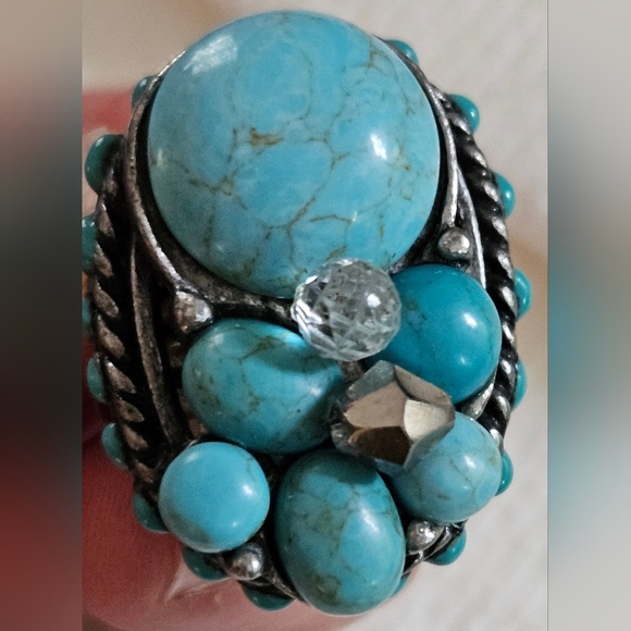 Turquoise Multi Stone Glass Bead Adjustable Silver tone Ring - Picture 5 of 5